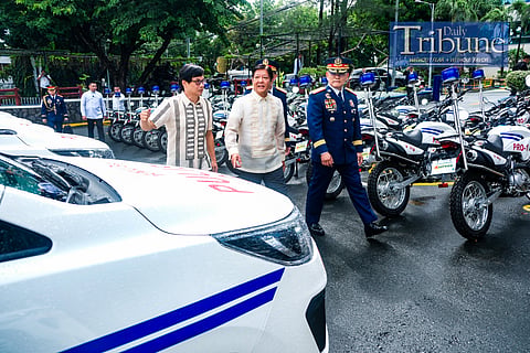 LOOK: President Ferdinand R. Marcos Jr. inspects the PNP assets, joining him are DILG Secretary Benjamin Abalos, PNP Chief Rommel Marbil, and P/MGen Mario Reyes, PNP Director for Logistics, during the celebration of the 123rd Police Service Anniversary at the PNP Multi-Purpose Hall in Camp Crame on 8 August 2024.