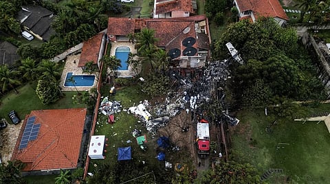 An aerial view of the wreckage of the Voepass flight traveling from Cascavel to Guarulhos that crashed killing all on board. 