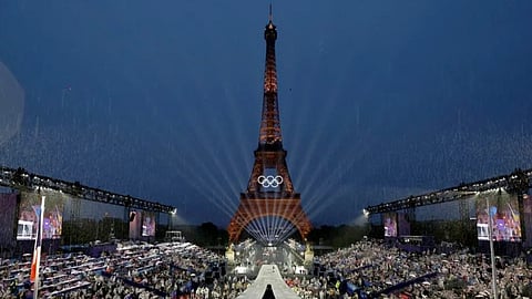The Eiffel Tower and the Place Du Trocadero during the opening ceremony of the Olympic Games in Paris.