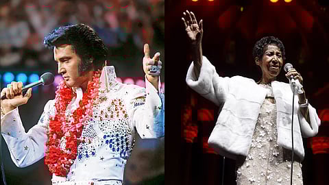 Icons in White: Elvis Presley (left) and Aretha Franklin (right) captured in their element, both resplendent in white as they perform. These timeless images showcase the King of Rock and Roll in his signature jumpsuit and the Queen of Soul in an elegant beaded gown, embodying the magnetism and power that made them legends. Though they never shared a stage, their legacies are forever linked by their August 16 departure dates, leaving an indelible mark on music history.