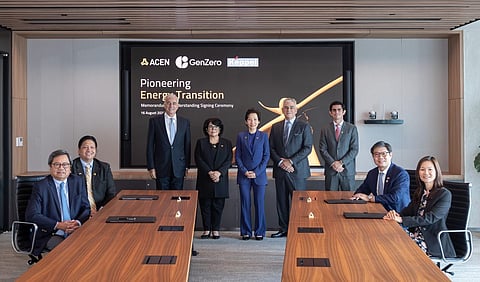 ACEN, GenZero and Keppel have joined hands to catalyze the retirement of coal-fired plants in Southeast Asia. The landmark agreement was sealed in the presence of (from left) Cezar Consing, Ayala Corporation president and CEO and ACEN chairman; Eric Francia, ACEN president and CEO; Fernando Zobel de Ayala, Ayala Corporation board director; Environment and Natural Resources Secretary Maria Antonia Yulo-Loyzaga; Grace Fu, minister for Sustainability and the Environment of Singapore; Jaime Augusto Zobel de Ayala, Ayala Corporation chairman; Jaime Alfonso Zobel de Ayala, ACEN board director; Frederick Teo, GenZero CEO and Cindy Lim CEO, Keppel’s Infrastructure Division.