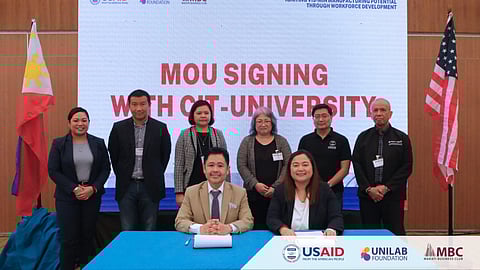Partnership for future USAID and private businesses called for an effective education institutions-industry collaboration for the manufacturing sector. The partnership was sealed among (standing, from left) Patricia Siriban, director, Advanced Manufacturing Skills Council; John Escario, VP for administration, CIT-University; Larmie Feliscuzo, director, Management Information System and External Affairs; Michelle Chen, director, Office of Education at USAID Philippines; Henry Grageda, project management specialist, USAID Manila; Danilo Lachica, chief-of-party, Advanced Manufacturing Workforce Development Program. [Seated, from left] Bernard Villamor (president, CIT-University), Claire de Leon-Papa (director of Operations, UNILAB Foundation).