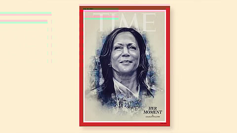 Grayscale illustration of Kamala Harris on the cover of TIME magazine