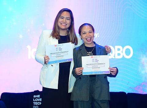 UNPRUDE co-founder Dr. Rica Cruz (right), winner of the She Loves Tech 2024 Philippine leg, with Farmtri’s Marini Fernandez.