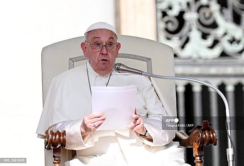 Pope Francis speaks during his weekly general audience on St. Peter's square in Vatican City on 28 August 2024.
