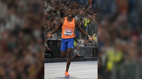 LETSILE Tebogo celebrates after clocking 9.87 seconds to rule the men’s 100-meter run event of the Diamond League in Rome.