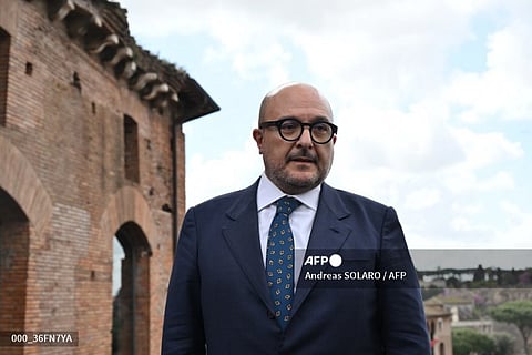 (FILES) Italy's Culture Minister, Gennaro Sangiuliano attends a press conference to present a new project at the Imperial Fora (Fori Imperiali), on 2 April 2024 in Rome. Italy's culture minister Gennaro Sangiuliano on September 4, 2024 said that he had offered to resign after being embroiled in an infidelity scandal, but that Prime Minister Giorgia Meloni declined. 