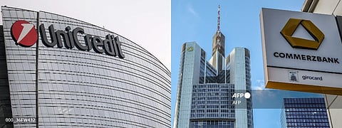 (COMBO) This combination of pictures created on September 11, 2024 shows
(FILES) The Unicredit logo on the Unicredit tower is pictured in Milan on November 7, 2017. (FILES) The logo of Commerzbank (R) is seen on one of their branches next to the Commerzbank headquarter