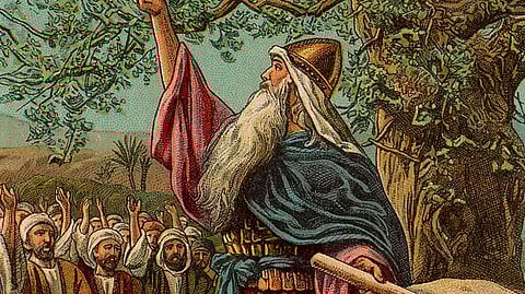 Joshua Renewing the Covenant with Israel and; as in Joshua 24:14-28; illustration from a Bible card published by the Providence Lithograph Company
