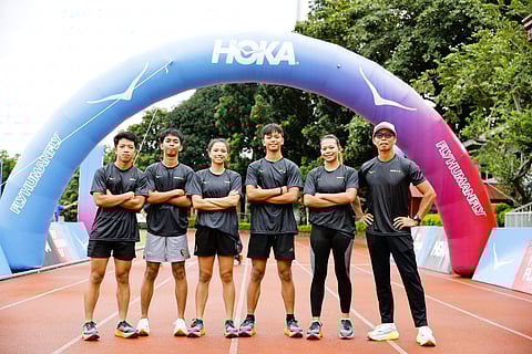 NATIONAL track and field coach Emerson Obiena (right) poses after conducting the HOKA Speed Camp at the Philsports track oval recently. Obiena was assisted by former varsity athletic standouts in Mejen Sumbongan, Sean Harry Narag, Jessamarie Libres, Francis Allen Sillar and Khrizzie Ruzol.
