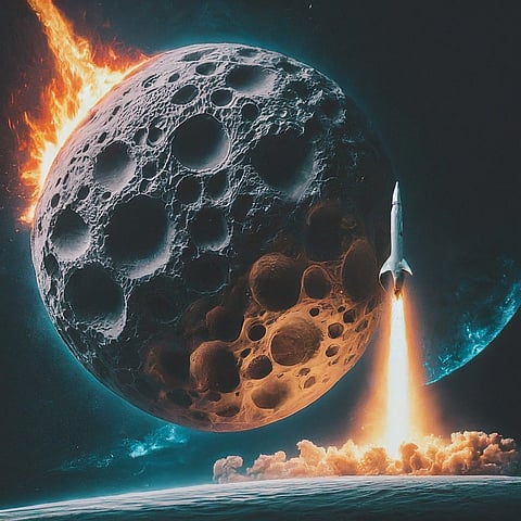 DIGITAL rendition of a rocket from Earth intercepting a giant asteroid. 