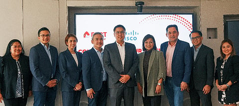 [L-R]: Kay Lenz Zapanta, ASEAN SMB Leader, Cisco; Nico Alcoseba, First Vice President and Head of Enterprise Product Management, PLDT Enterprise; Edith Gomez-Cudiamat, First Vice President and Head of Enterprise and International Business Solution - Fixed, PLDT Enterprise; Rommel Angeles, Philippines Partner Operations and SMB Leader, Cisco; Jojo Gendrano, Senior Vice President and Head of Enterprise Business Group, PLDT and Smart; Zaza Nicart, Philippines Managing Director, Cisco; Mitch Locsin, First Vice President and Head of Enterprise and International Core Business, PLDT and Smart; Vic Tria, First Vice President and Head of Customer Operations Management, PLDT Enterprise; Kate Apodaca-Dayanghirang, Philippines Partner Account Manager for Service Provider as a Service, Cisco. Photo courtesy of PLDT