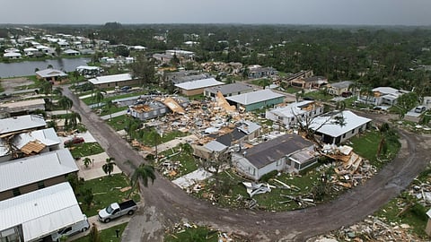 Destruction from tornadoes at the Spanish Lakes Country Club in Fort Pierce, Florida is seen on  10 October 2024 