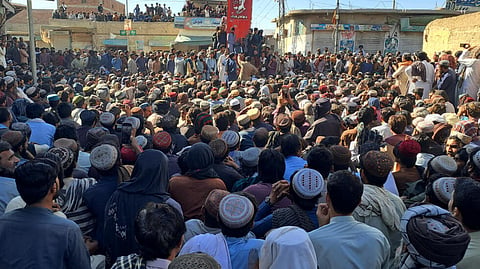 Labourers gather to protest against the killings of coal miners in an overnight attack in Duki district of Pakistan's southwestern Balochistan province 
