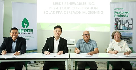 Signing the green deal are (from left) Philip Roxas, commercial director of Berde Renewables, Patrick Zhu, CEO of BR; Errol Vergel de Dios, chairman of Big E Food Corporation, and Nina Vergel de Dios, founder of BEFC. 