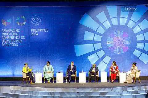 National Defense Secretary Gilbert Teodoro and Senator Loren Legarda deliver their speeches during Asia-Pacific Ministerial Conference on Disaster Risk Reduction (APMCDRR) Agenda Item "Leaving No One Behind: Gender Responsive and Inclusive Disaster Risk Governance" followed by a panel discussion with Department of Social Welfare and Development (DSWD) Undersecretary Diana Rose Cajipe (Disaster Response and Management DSWD), Mr. Casper Joseph Fa'Asala (CEO People with Disability Solomon Island), Mr. Pio Smith (Regional Director United Nation Population Fund (UNFPA)), Ms. Nayyab Ali (National Technical Program Specialist, Peace and Justice Network, Pakistan) and Kristin Tilley (Ambassador for Climate Change, Australia) held inside the Plenary Hall of the Philippine International Convention Center (PICC) on the 3rd day of the APMCDRR conference 16 October 2024.