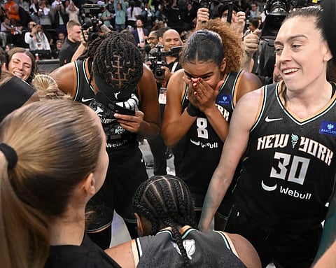 BROOKLYN, NY - OCTOBER 20: The New York Liberty celebrate after winning the 2024 WNBA Championship on October 20, 2024 in Brooklyn, New York. NOTE TO USER: User expressly acknowledges and agrees that, by downloading and or using this photograph, user is consenting to the terms and conditions of the Getty Images License Agreement. Mandatory Copyright Notice: Copyright 2024 NBAE David 