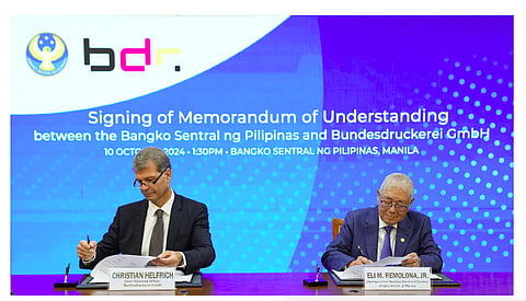 BANGKO Sentral ng Pilipinas Governor Eli Remolona Jr. and Bundesdruckerei GmbH chief financial officer Christian Helfrich signed a memorandum of understanding for exchanging knowledge and skills on currency production and management and digital payments and infrastructure on 10 October at the BSP Main Office in Manila.