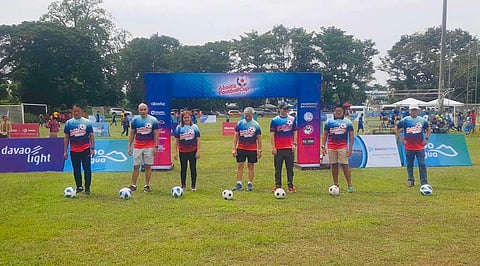Apo Agua Head of Operations Shake Tuazon (center) along with Apo Agua Director Art Milan, Davao Light and Power Corporation Head Zar Tia, Davao City Sports Office/City Mayor’s Office representative Mikee Aportadera, RSA 1 Sports Group’s Mario Eala and Ernie Ortonio of the Davao South Shield Region XI initiate the traditional ceremonial kick which opened the 2024 Aboitiz Cup Football Festival at the Tionko Football turf on Saturday.