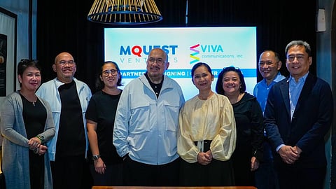 From left: Ana Bess G. Pingol, Viva Communications Inc. senior vice president for Finance and chief finance officer; Vincent Del Rosario, Viva Communications Inc. president and chief operating officer; Valerie Del Rosario, Viva Communications Inc. senior vice president for Content Creation and Development; Vic Del Rosario, Jr., Viva Communications Inc. chairman and chief executive officer; Jane Jimenez-Basas, MQuest Ventures Inc. president and chief executive officer, Sienna G. Olaso, MQuest Ventures Inc. first vice president, head of Special Projects; Pierre Paul Buhay, TV5 Network Inc. chief finance officer; and John Andal, MQuest Ventures Inc. chief finance officer.