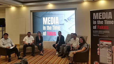 NPC President Leonel Abasola (wearing short barong, 2nd from left) with PCO Asec Wheng Hidalgo, PTI President Jericho "Koko" Nograles, and others during the fake news and fake cigarette workshop.