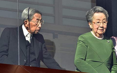 (FILES) This file photo taken on 2 January, 2016 shows Japan's then-100-year-old Prince Mikasa (L) and his wife Princess Yuriko (R), also known as Princess Mikasa, attending the annual New Year's greetings at the Imperial Palace in Tokyo. Princess Mikasa, the oldest member of Japan's royal family and great aunt to the current emperor, died aged 101 in a Tokyo hospital, the Imperial Household Agency said on 15 November, 2024. Her husband, Prince Mikasa, passed away in 2016 at the age of 100.

