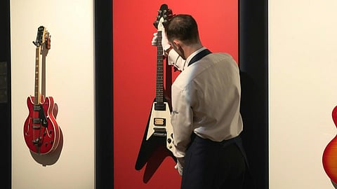 FILE PHOTO: Oasis 'Supersonic' guitar sells for $172,000

Two guitars featured on the cover of Oasis's 1994 debut single 'Supersonic' fetch above estimate prices at an auction, weeks after the British band announced a 2024 reunion tour, ending an infamous 15-year feud. An Epiphone Les Paul Standard guitar fetched £132,000 ($172,000), well above its £80,000 estimate, while an Epiphone EA-250, circa 1972-4 -- sold for £48,000. The online sale also saw guitars played by Prince, Eddie van Halen, an Abbey Road Studios piano, and Marianne Faithfull's designer jackets go under the hammer in Sotheby's first popular culture auction. Bidding opened from 29 August and closed on 12 September, following a four day exhibition of the items in London. 