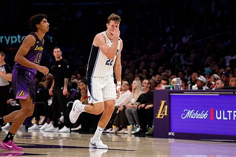 Franz Wagner celebrates after nailing a three-pointer that lifted the Orlando Magic to a119-118 win over the Los Angeles Lakers in the NBA regular season.