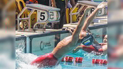 Arvin Naeem Taguinota flaunts his deadly form in ruling the boys’ 12-13 100-meter backstroke event of the 2024 Batang Pinoy National Championships on Tuesday at the Ramon V. Mitra Jr. Sports Complex pool.   