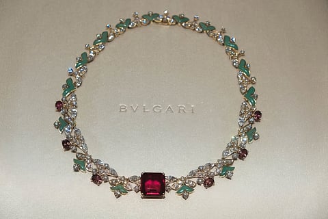 High Jewelry necklace in pink gold with chrysoprase elements, 1 asscher cut rubellite (17.40 ct), 6 oval rubellites (4.50 ct), 32 marquise diamonds 
(E-F.39 ct).