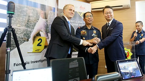 United Nations Office on Drugs and Crime country manager and program officer for the Philippines Daniele Marchesi, Director Forensic Group, PBGen Benjamen DL Sembrano, and Director International Safety and Security Cooperation Division, Foreign Policy Bureau, ministry of Foreign affairs Japan Koichi Warisawa, join hand, during the Handover and Demonstrations of the Forensic Investigation 3D Laser scanner, held at Forensic office in Camp Crame, on Friday 29 November 2024. The scanner enhances the efficiency to perform the mandate, revolutionizes the crime scene investigation process by providing precise 3D documentation and reconstruction of the complex crime scene, to enhance ability.