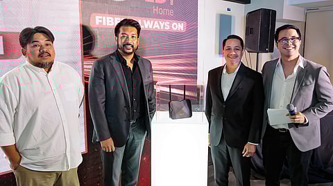 (From left): On PLDT’s 96th anniversary, PLDT Home launches a pioneering innovation in the country. Leading the launch of the new PLDT Home Fiber Always On are PLDT’s John Henri Yañez, FVP and head of Home Product and Portfolio Management; Jeremiah de la Cruz, SVP and head of Consumer Business–Home; Roy Victor Añonuevo, VP and head of Home Broadband Product Management; and TV host Justin Quirino.