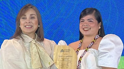 Senator Loren Legarda (left) hands the PRA 2024 Award to SFO3 Daisy Cabauatan, chief of the Bureau of Fire Protection office in Nueva Vizcaya.