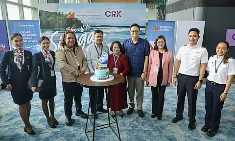 At the cake-cutting ceremony during the Clark-Siargao flight relaunch and send-off were (from left): Department of Tourism (DOT) Region 3 Director Richard Daenos, PAL Express VP for Ground Operations Matthew Tamaray, Clark Development Corporation (CDC) President and CEO Atty. Agnes Devanadera, LIPAD President Noel Manankil, and Bases Conversion and Development Authority (BCDA) VP for Public Affairs Leilani Macasaet.