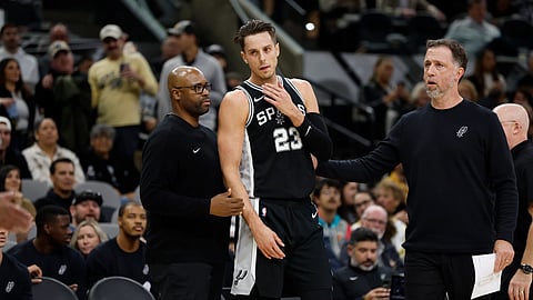 SAN ANTONIO, TX - DECEMBER 6: Zach Collins #23 of the San Antonio Spurs is ejected during game against the Sacramento Kings in the first half at Frost Bank Center on December 6, 2024 in San Antonio, Texas.