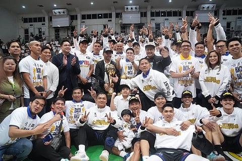 The Pampanga Giant Lanterns, led by head coach Gov. Dennis Pineda, team owner AG Gonzales and Senior Deputy Speaker Dong Gonzales with their championship trophy handed out by MPBL Founder and CEO Manny Pacquiao.