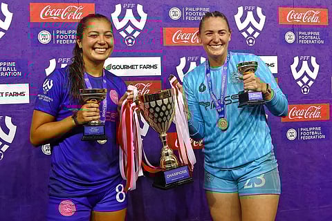 Chandler and Olivia McDaniel celebrate after helping Stallion Laguna FC win the PFF Women’s Cup crown.