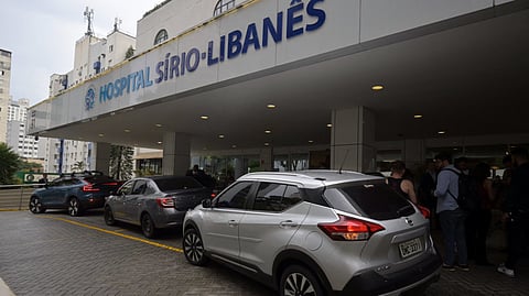 Entrance of the Syrian-Lebanese Hospital where Brazil's President Luiz Inacio Lula da Silva is hospitalized in Sao Paulo, Brazil, on 10 December 2024. Brazil's 79-year-old President Luiz Inacio Lula da Silva underwent surgery for a brain hemorrhage related to a recent fall, hospital officials said Tuesday.