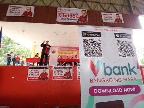 Manong Chavit Singson discusses VBank, a digital banking platform he envisions will enhance financial inclusion for unbanked and underbanked Filipinos, during a TUPAD payout event in Candaba, Pampanga.