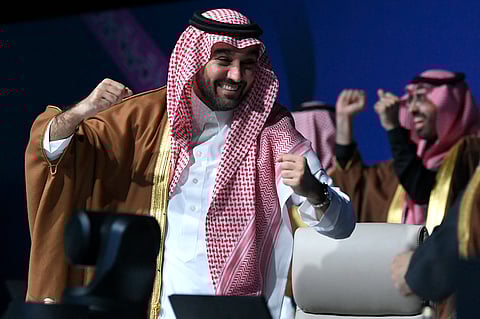 Saudi Arabia’s Minister of Sports and Youth Abdulaziz bin Turki al-Faisal al-Saud celebrates after getting confirmed as host of the 2034 World Cup during a ceremony in the capital Riyadh.