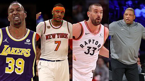 (L-R) Dwight Howard, Carmelo Anthony, Marc Gasol, and NBA champion coach Doc Rivers 