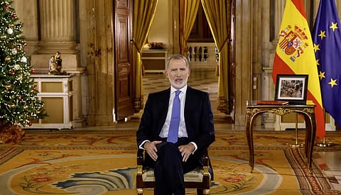 Spain’s King Felipe VI delivers his traditional Christmas Eve speech at the Royal Palace in Madrid and publicly broadcasted on 24 December 2024.

