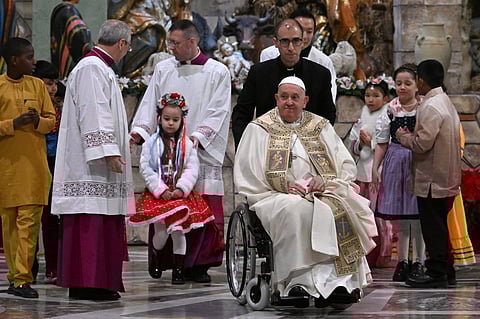 Pope Francis leaves at the end of the Christmas Eve mass at The St Peter's Basilica in the Vatican on 24 December 2024. Pope Francis marks Christmas Eve with a special ceremony launching Jubilee 2025, a year of Catholic celebrations set to draw more than 30 million pilgrims to Rome. Over the next 12 months, pilgrims will pass through the large and imposing bronze door, which is normally closed, by tradition benefiting from a "plenary indulgence", a type of forgiveness for their sins.
Tiziana FABI / AFP