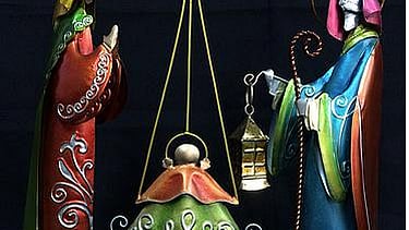 Holy family in multi-colored elegant dye and gold/silver leaf finish; metal and wire; handcrafted
