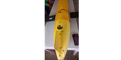 The yellow Chinese submarine drone is capable of transmitting and receiving data, voice messages, and navigation information.