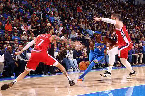 Shai Gilgeous-Alexander drives his way to a 29-point performance in the Oklahoma City Thunder’s 116-98 victory over the Los Angeles Clippers on Thursday in their NBA regular season game.