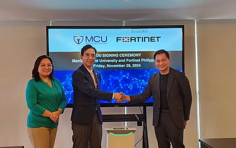 (L-R) Giandelu Carissa Santos, assistant vice president for Academic Affairs of MCU; Dr. Renato Tanchoco Jr., University President of MCU; and Alan Reyes, country manager of Fortinet Philippines, at the signing of the Memorandum of Understanding (MOU) held at Manila Central University recently. (