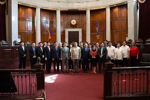 Chief Justice Alexander G. Gesmundo, Senior Associate Justice Marvic M.V.F. Leonen, Associate Justices Amy C. Lazaro-Javier, Mario V. Lopez, Ricardo R. Rosario, Jhosep Y. Lopez, Jose Midas P. Marquez, and Maria Filomena D. Singh, and officials and experts from the Korean Embassy and the Korea International Cooperation Agency (KOICA) Philippines at the kick-off activity for the KOICA Preliminary Survey on January 6, 2025, at the Supreme Court En Banc Session Hall