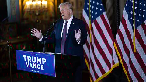 U.S. President-elect Donald Trump speaks to members of the media during a press conference at the Mar-a-Lago Club on 7 January 2025 in Palm Beach, Florida. Trump will be sworn in as the 47th president of the United States on 20 January, making him the only president other than Grover Cleveland to serve two non-consecutive terms in office. 