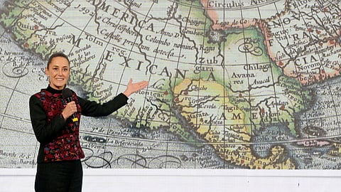 Mexico's President Claudia Sheinbaum speaks during her daily conference at the National Palace in Mexico City on 8 January 2025. Sheinbaum stated that the country is ‘governed by the people’ after US President-elect Donald Trump accused Mexico of being run by drug cartels. She also added that the United States should be called ‘Mexican America’, in response to Trump's proposal to rename the Gulf of Mexico the ‘Gulf of America’.
